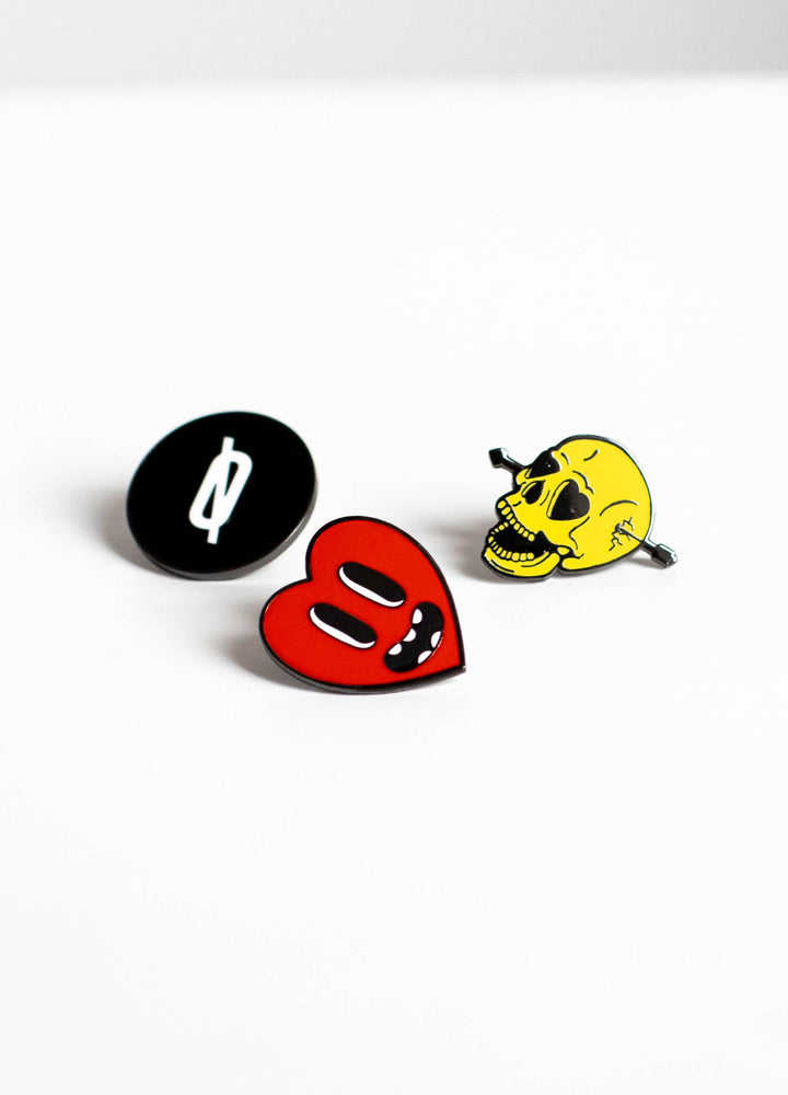 Bundle of enamel pins; O Logo, Heart pin and Love Drunk Skull pin